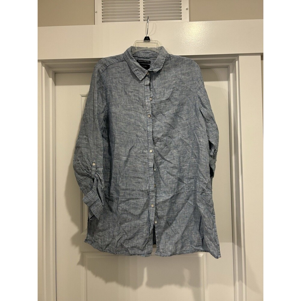 TAHARI Women’s Xl 100% Linen Button Up Tunic Shirt Light Blue Minimalist Beach
